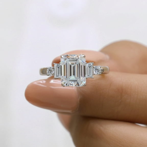 JEWELEGANT Emerald Cut Moissanite Engagement Ring , Art Deco 5 Stone Wedding Ring for Women
