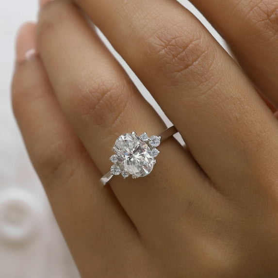 JEWELEGANT Moissanite Oval & Round Shape Diamond Cluster Engagement Ring - Nature Inspired Oval Moissanite Ring
