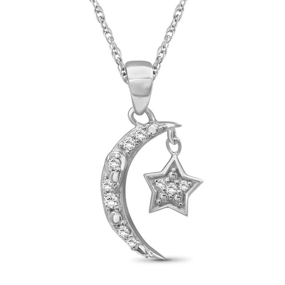 JEWELEXCESS Star and Crescent Moon Necklace – White Diamond Moon and Star Jewelry – .925 Sterling Silver Necklace for Women – Star and Crescent Moon Design– Christmas Gifts for Her
