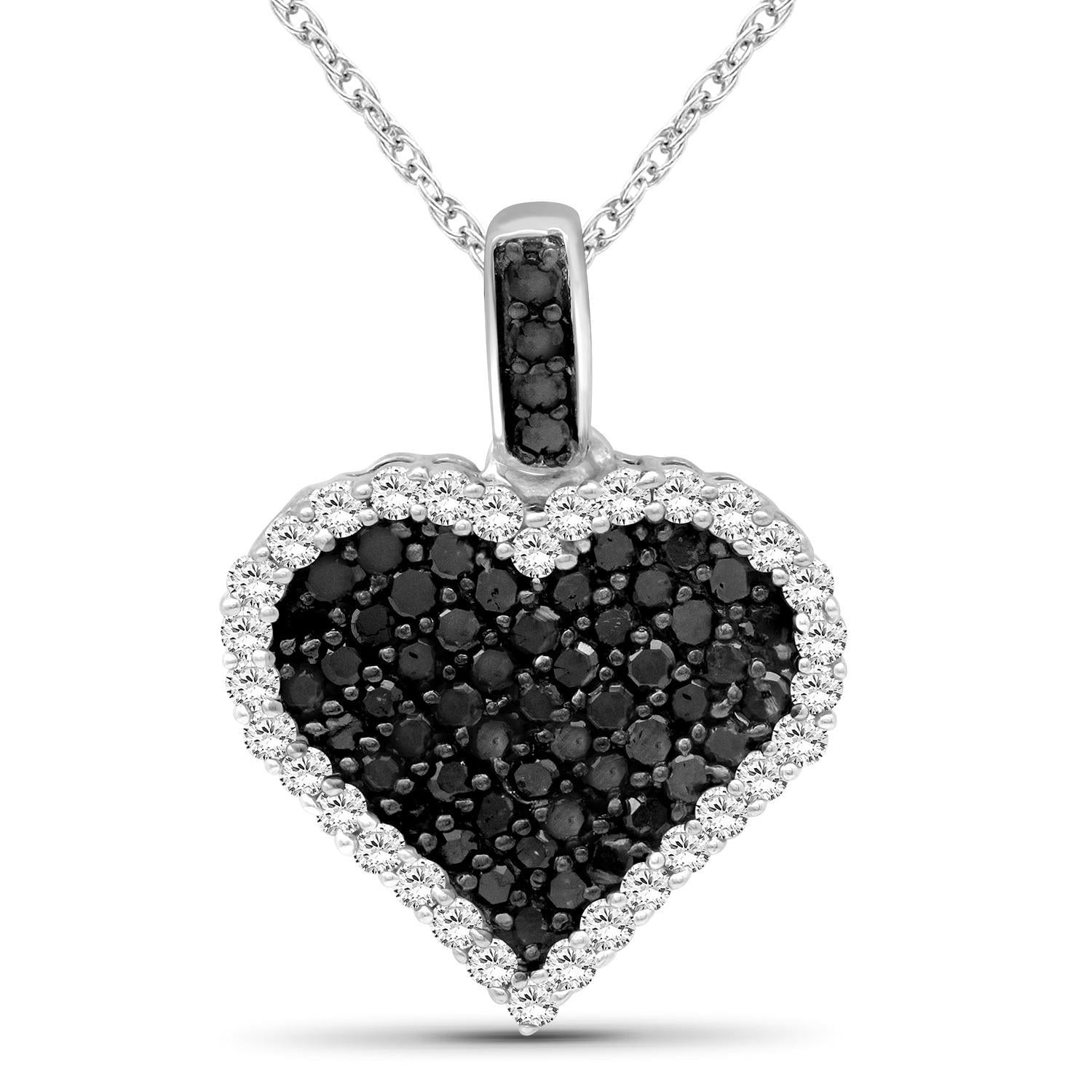 JEWELEXCESS Sterling Silver (.925) Heart Necklace with 1.00 Carat Black Diamonds | Jewelry Pendant Necklaces for Women Black Diamonds & 18 inch Rope Chain with Spring Clasp
