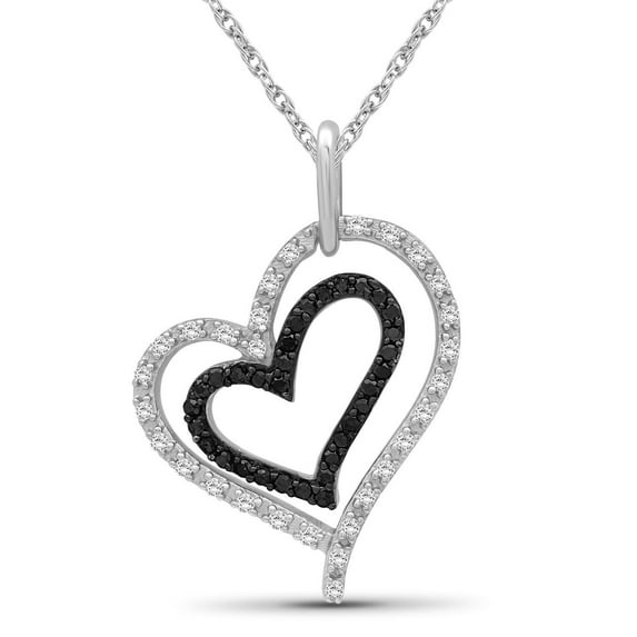 JEWELEXCESS Sterling Silver (.925) Heart Necklace with 1/4 Carat Black and White Diamonds | Jewelry Pendant Necklaces for Women Black and White Diamonds & 18 inch Rope Chain with Spring Clasp
