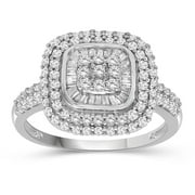 JEWELEXCESS White Diamond 1 Carat Ring with Sterling Silver for Women & Girls | Square Halo Promise Ring with Round & Baguette Cut Diamonds