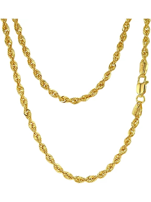 10K Real Gold Rope Chain Necklace - 3.1mm Diamond Cut Twist Link Chain - Dainty Gold Pendant Necklace For Men and Women 16"