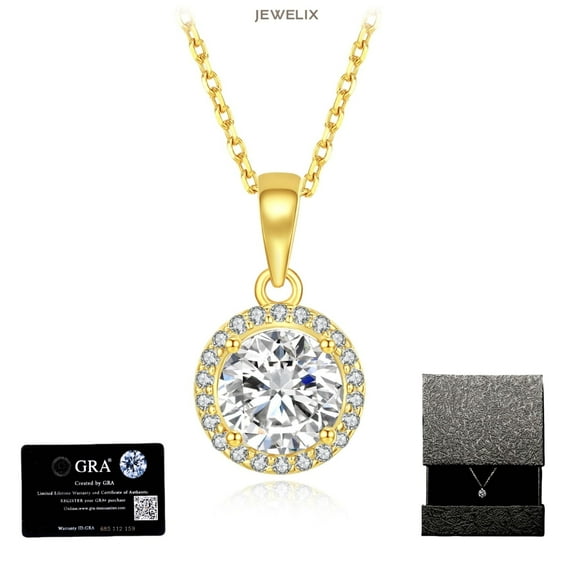 JEWELIX Moissanite 18K Yellow Gold Over Sterling Silver Round Cut Pendant Necklace, Halo Necklace, 1 Carat, Gift for Her