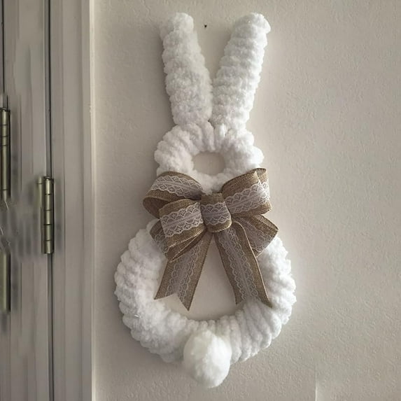 JEWELO 20 Inch Easter Bunny Wreath Spring Wreath, Bunny Shaped Cotton Yarn Wreath with Burlap Bow Knot for Front Door Easter Summer Farmhouse Holiday Wall Home Window Decors (White)