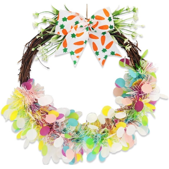 JEWELO Easter Colorful Confetti Wreath Artificial Hanging Spring Wreath with Bow for Front Door Home Window Wall Indoor Outdoor Decoration (Light Pink)