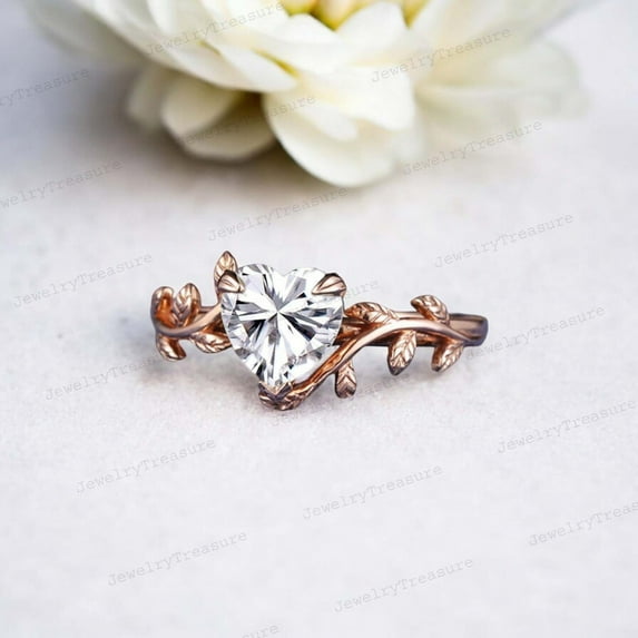 JEWELRYTREASURE 7 mm Heart Shape Moissanite Ring Rose Gold Plated Engagement Ring Solitaire Handmade Jewelry Valentine's Day Gift for Lover