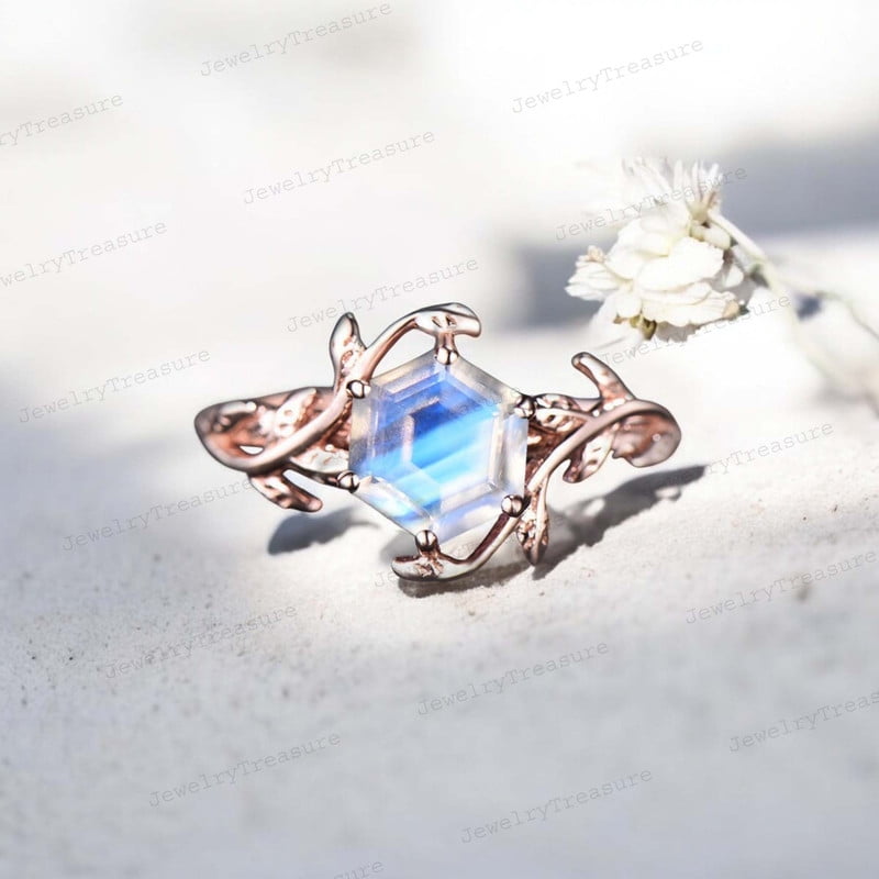 JEWELRYTREASURE 7 mm Hexagon Shape Rainbow Moonstone Engagement Ring ... image.