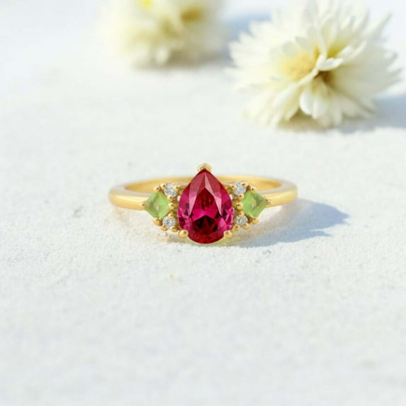 JEWELRYTREASURE 7x5 mm / 1.5 Ct Pear Cut Ruby Ring Peridot Cluster Bridal Jewelry Yellow Gold Plated Engagement Ring Unique Promise Ring Anniversary Gift for Wife