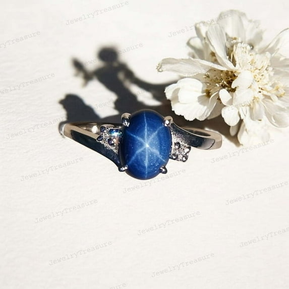 JEWELRYTREASURE 8x6 mm / 1 Ct Vintage Blue Lindy Star Engagement Ring 925 Sterling Silver Ring CZ Diamond Statement Jewelry Valentine's Day Gift for Girlfriend