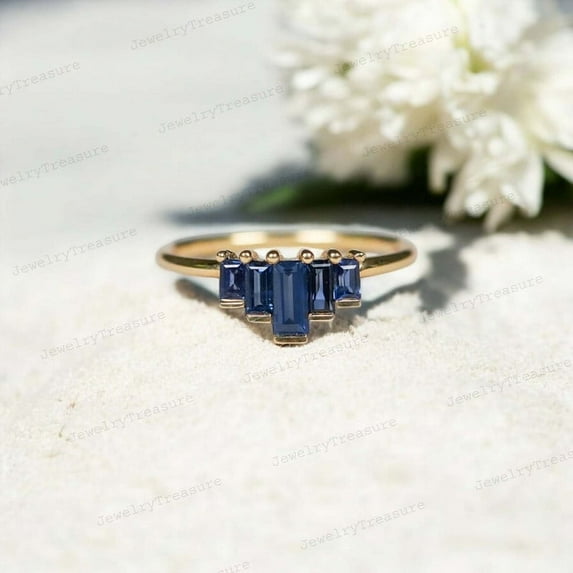 JEWELRYTREASURE Baguette Sapphire Ring / September Birthstone Gift For Love / 925 Sterling Silver Jewelry / Statement Ring