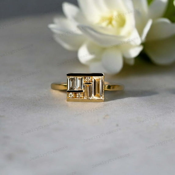 JEWELRYTREASURE CZ Diamond Box Ring / Yellow Gold Plated Silver / Art Deco Birthday Gift for Women / Out Of the Box Ring