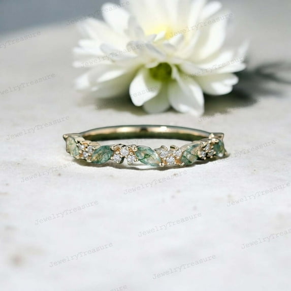 JEWELRYTREASURE Natural Moss Agate Wedding Band Half Eternity Stacking Band Yellow Gold Plated Ring Unique Birthday Gifts