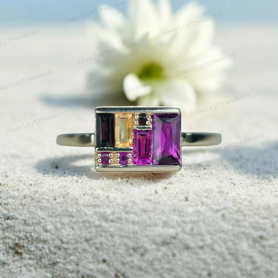 JEWELRYTREASURE Vintage Multi Gemstone Box Ring Baguette Amethyst Statement Ring Antique Art Deco Engagement Ring Women'sFine Jewelry Valentines Gifts