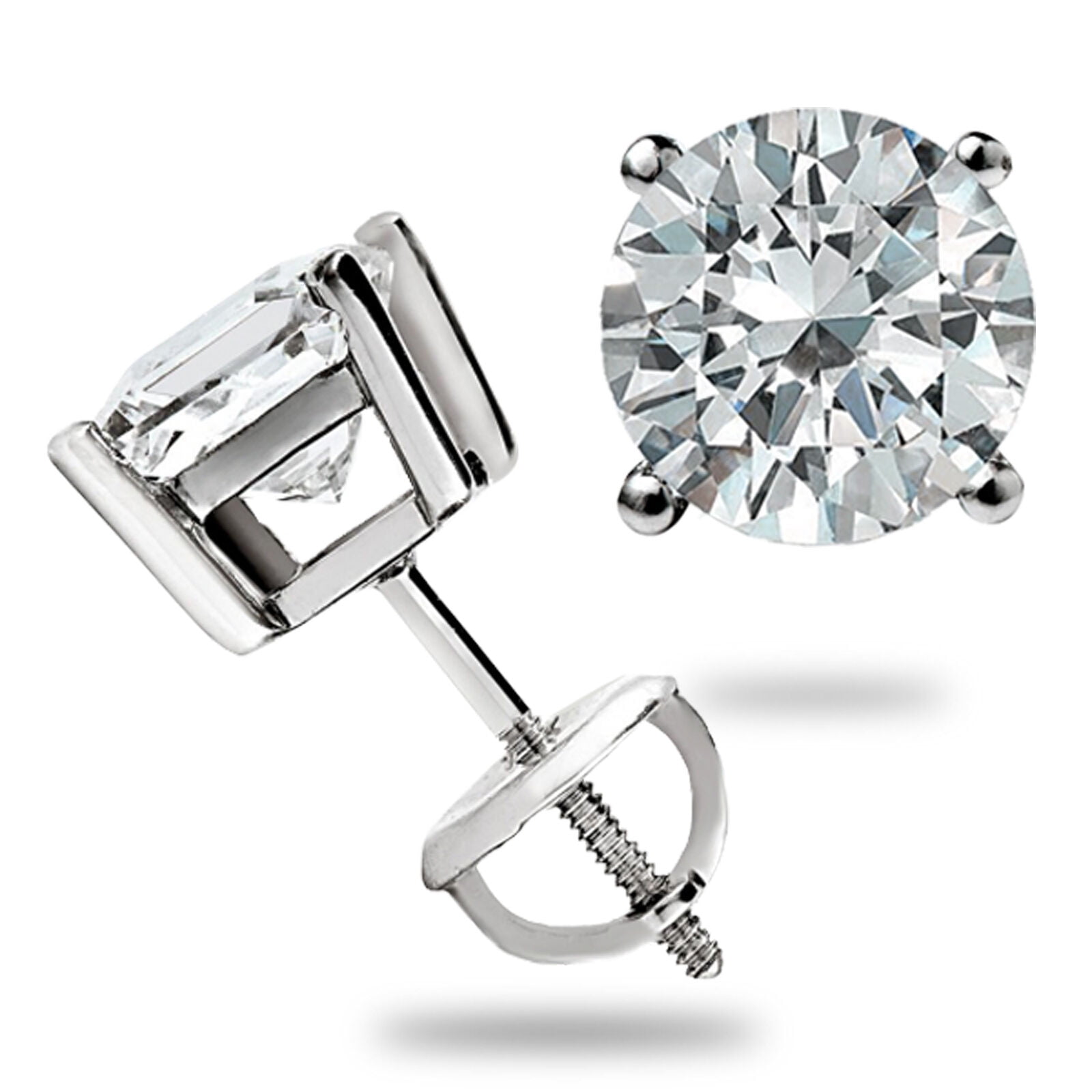 JEWELS PRIME Round Solitaire Stud Earrings Natural Real, 2ct 14K, White Gold