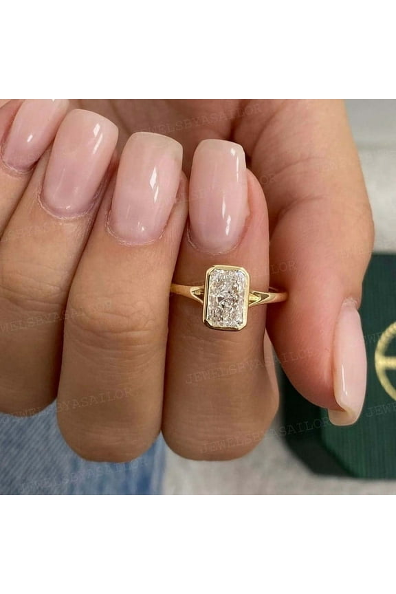 2CT Radiant Moissanite Bezel Solitaire Bezel Engagement Ring , Split Shank Yellow Gold Rings