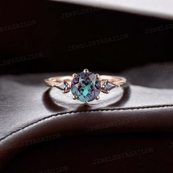 JEWELSBYASAILOR 6MM Alexandrite Bridal Ring / Color- Changing Gemstone Ring / Rose Gold Plated Silver / June Birthstone Gift For Her