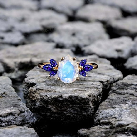 JEWELSBYASAILOR 7X5 Natural Moon Stone Ring / Marquise Blue Sapphire Cluster / Art Deco Personalized Gift / Rose Gold Plated Silver