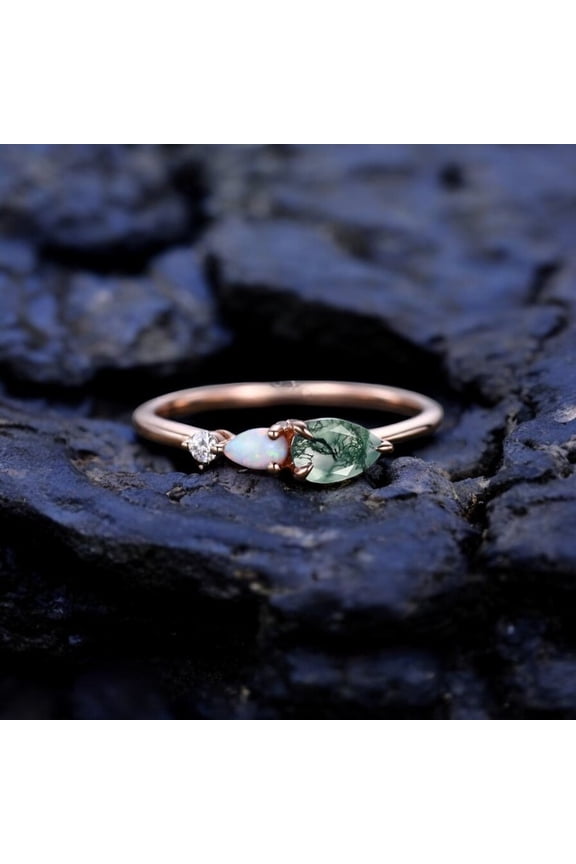 7X5 Pear Moss agate Ring / Fire Opal Engagement Ring / Moissanite Bridal Jewelry / 925 Sterling Silver Gift