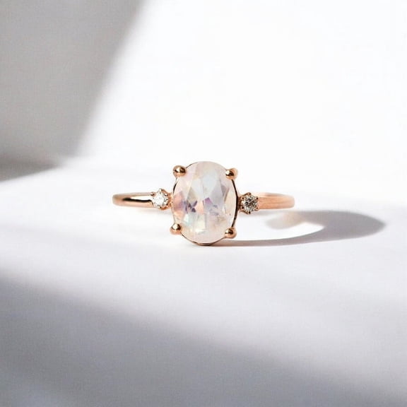 JEWELSBYASAILOR 8X6MM Natural Moonstone Ring - Moissanite Bridal Ring - Rose Gold Plated Silver - Personalized Handmade Ring