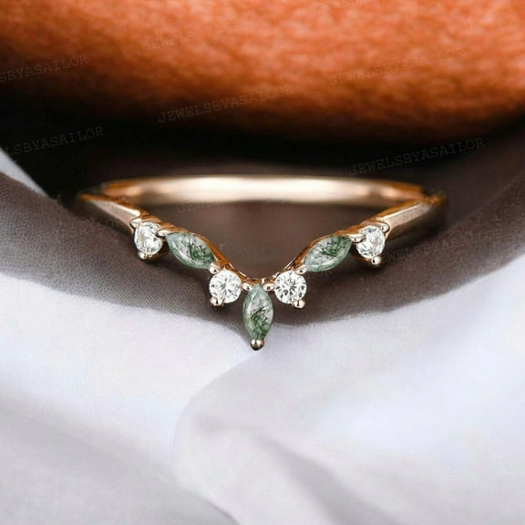 JEWELSBYASAILOR Curved Moss Agate Wedding Band / Cubic Zirconia Engagement Ring / Yellow Gold Plated Silver