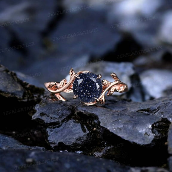 JEWELSBYASAILOR Galaxy Blue Sandstone Wedding Ring / Natured- Inspired Twig Ring / Art Deco Gift For Love / Rose Gold Plated Silver