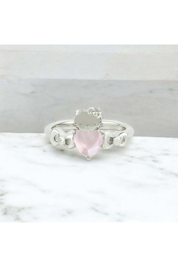 Hello Kitty Statement Ring / 6 MM lab Grown Rose Quartz Ring / Animal Lover's Jewelry / 925 Streling Silver