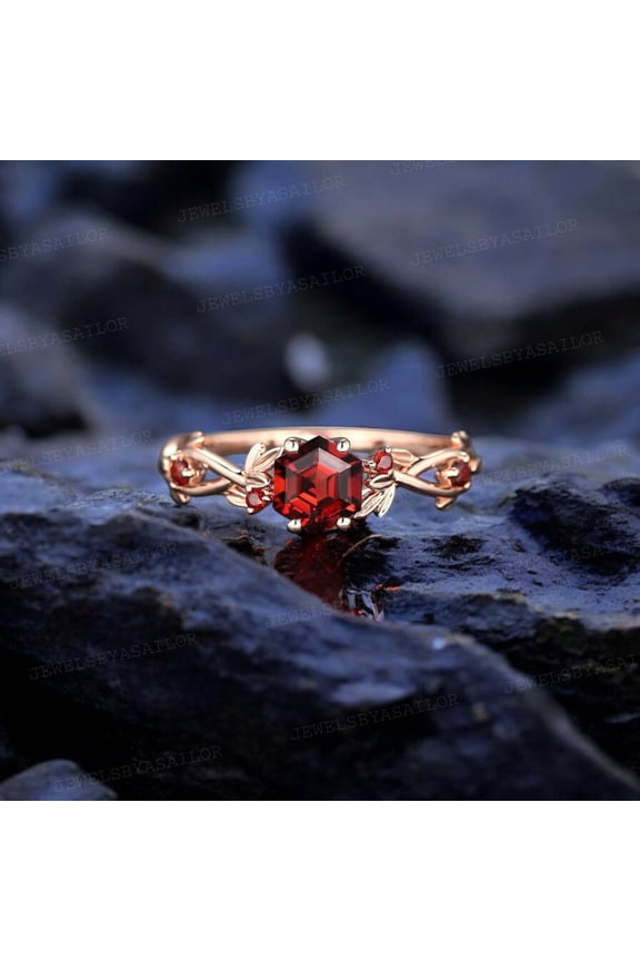 Hexagon Cut Garnet Ring / Rose Gold Plated Twig Ring / Gift for nature Lover / January Birthstone