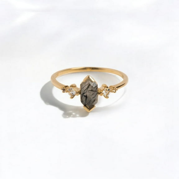 JEWELSBYASAILOR Natural Black Rutile Ring for women - Princess / Round Cut Moissanite / Yellow Gold Plated Silver Ring