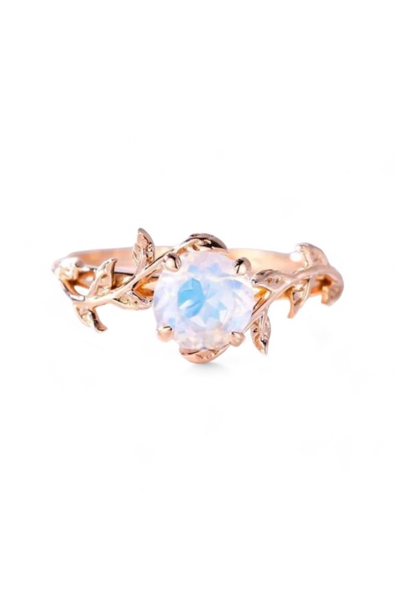 Natural Moonstone Enagagement Ring / 6mm - 1 Ct Natural Gemstone / Rose Gold Plated Silver / Nature Inspired Twig Leaf Jewelry / Birthday Gift for Women
