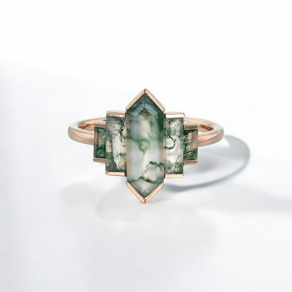 JEWELSBYASAILOR Natural Moss Agate Wedding Ring / Baguette Cut Green Gemstone / Birthday Gift For Love