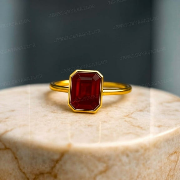 JEWELSBYASAILOR Vintage Emerald Cut Ruby Engagement Ring, Yellow Gold Red Gemstone Ring, July Birthstone, Bezel Set Handmade Ring, Gift For Her
