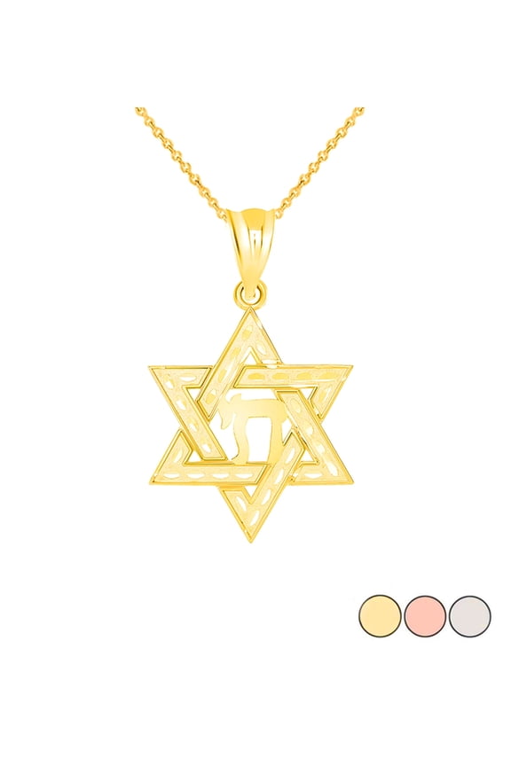 JEWISH STAR OF DAVID WITH CHAI PENDANT NECKLACE IN GOLD (YELLOW/ ROSE/WHITE) :  14K  White  Pendant with 18" chain