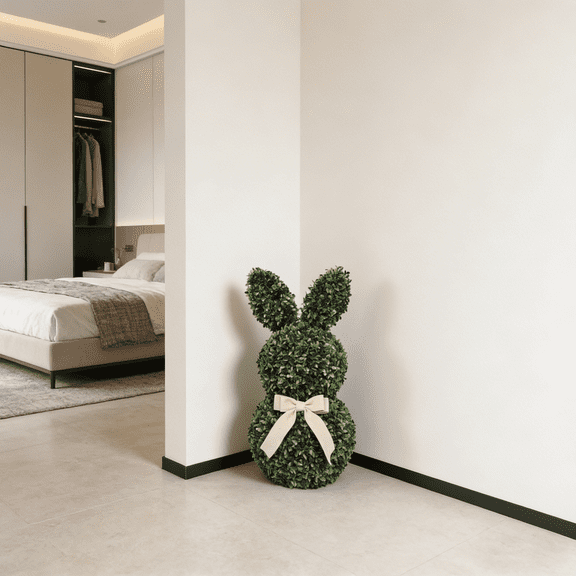 JEWLALO 12" Artificial Greenery Easter Rabbit Figure Decorative Easter Topiary for Mantels & Porches