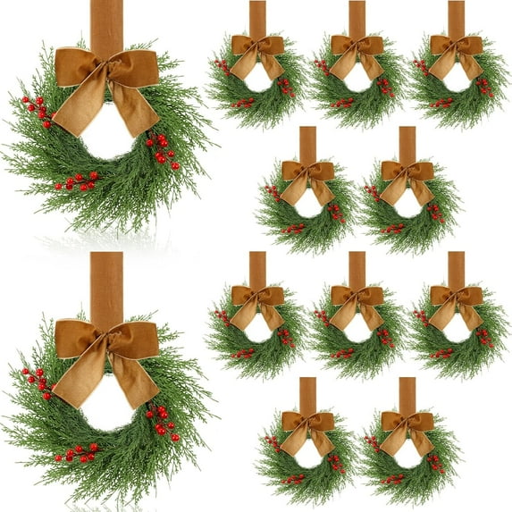 JEWLALO 12 Pcs 9'' Small Christmas Kitchen Cabinet Wreaths with Plaid Bow Ribbon, Mini Hanging Christmas Wreath, Artificial Greenery Wreath for Front Door Porch Wall Window (Khaki Color)