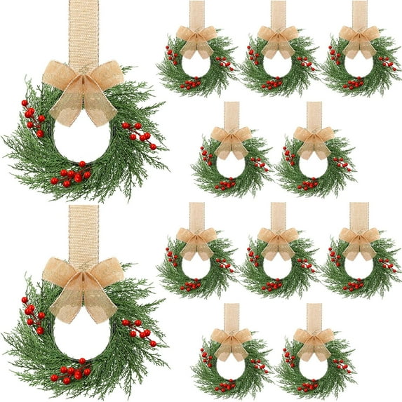 JEWLALO 12 Pcs 9'' Small Christmas Kitchen Cabinet Wreaths with Plaid Bow Ribbon, Mini Hanging Christmas Wreath, Artificial Greenery Wreath for Front Door Porch Wall Window (Linen Color)