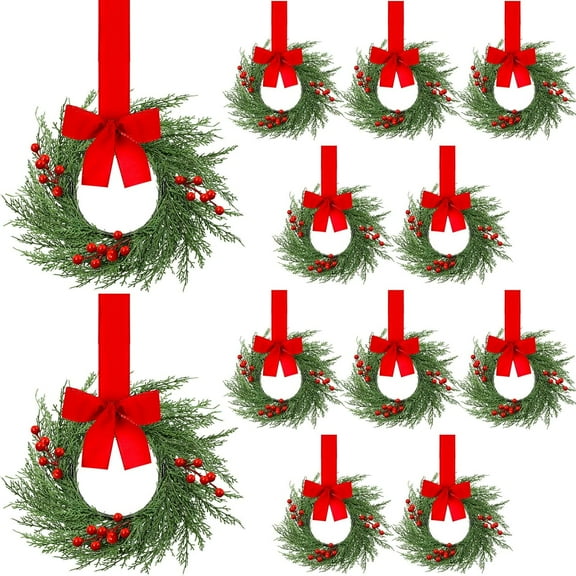 JEWLALO 12 Pcs 9'' Small Christmas Kitchen Cabinet Wreaths with Plaid Bow Ribbon, Mini Hanging Christmas Wreath, Artificial Greenery Wreath for Front Door Porch Wall Window (Red Velvet Color)