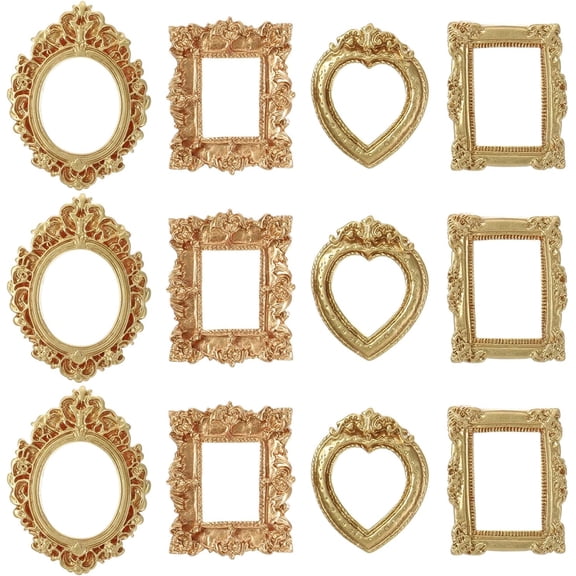 JEWLALO 12PCS Mini Gold Picture Frames, Tiny Antique Frames, Vintage Small Antique Resin Picture Frame, Small Picture Frame Oval Rectangle Wall Hanging for DIY Jewelry Display Holiday Party Decor