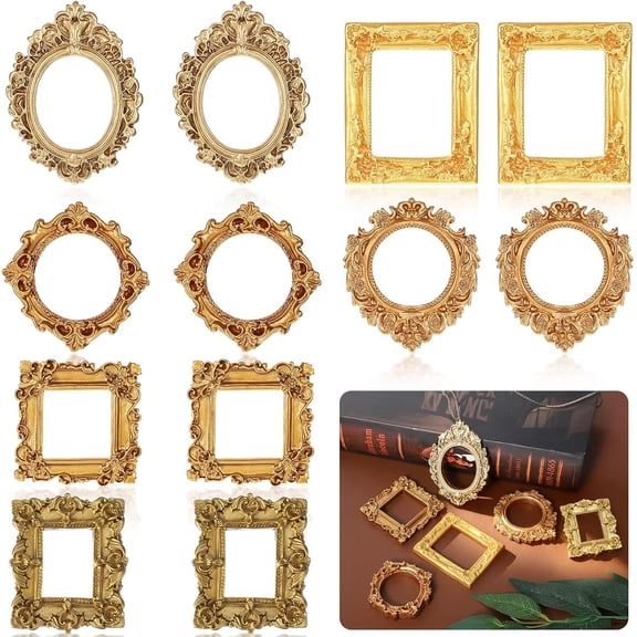 JEWLALO 12PCS Mini Gold Picture Frames Vintage Small Antique Resin Picture Frames Oval Rectangle Wall Hanging Display Table Frame for DIY Jewelry Christmas Holiday Party Hotel Decor