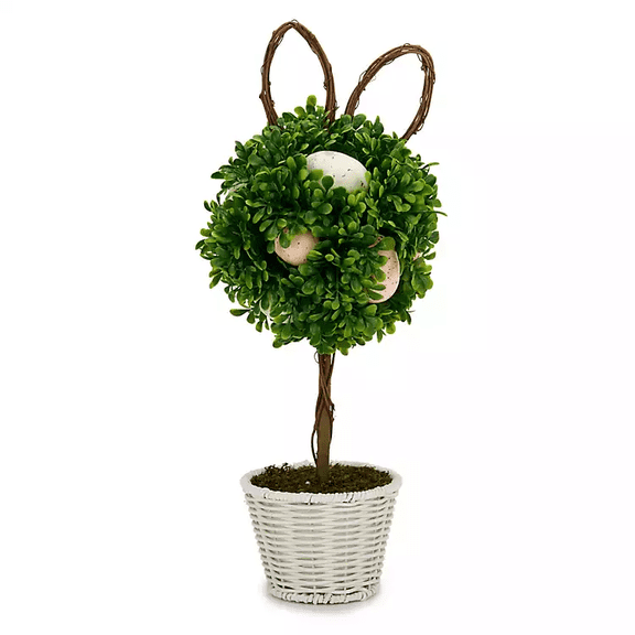 JEWLALO 14” Faux Boxwood Easter Bunny, Decorated Spring Table Centerpiece with Speckled Eggs, Shabby Chic Woven Basket Rabbit Topiary for Holiday Brunch & Family Dinner Tablescape