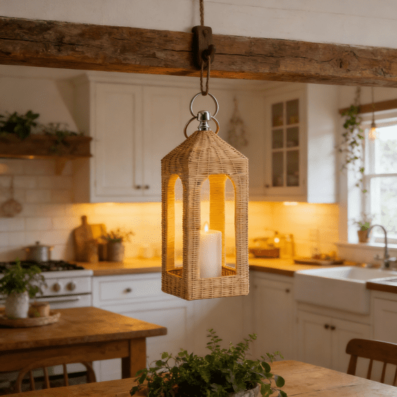 JEWLALO 14 Hand-Woven Natural Rattan Lantern, Arched Hurricane Candle Holder for Pillar Candles, Modern Wicker Decorative Lantern for Mantel, Entryway, & Mediterranean Home Decor