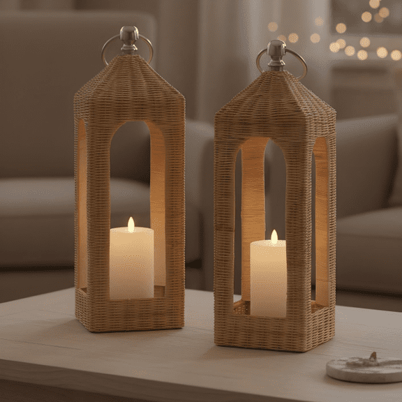 JEWLALO 14” Modern Rattan Lantern, 2PCS Cathedral Arch Candle Holder, Natural Wicker Hurricane for Pillar Candles, Rustic Boho Tabletop Decor for Mantel, Shelf, & Indoor Outdoor