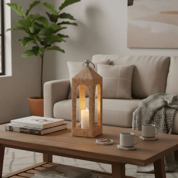 JEWLALO 14” Modern Rattan Lantern, Hand-Woven Cathedral Arch Candle Holder, Natural Wicker Hurricane for Pillar Candles, Rustic Boho Tabletop Decor for Mantel, Shelf, & Indoor Outdoor