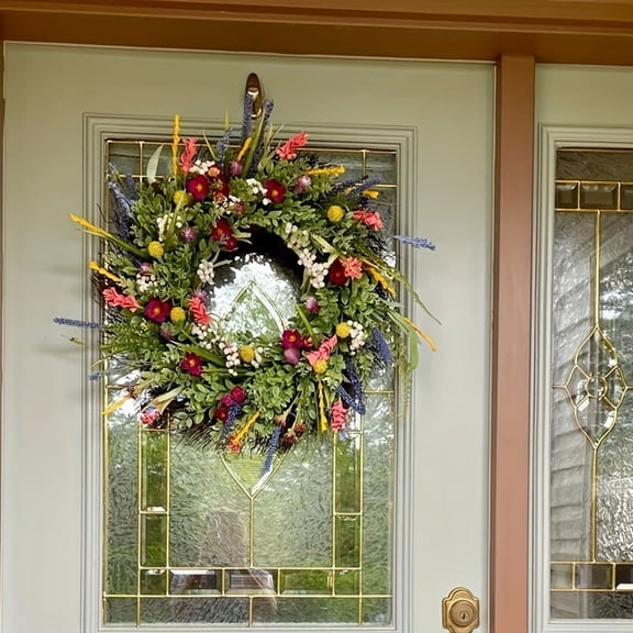 JEWLALO 14" Spring Door Wreath, Artificial Floral Greenery Wreath for Front Door, Perfect for Porch Entry, Indoor Wall Decor and Spring Summer Home Seasonal Display