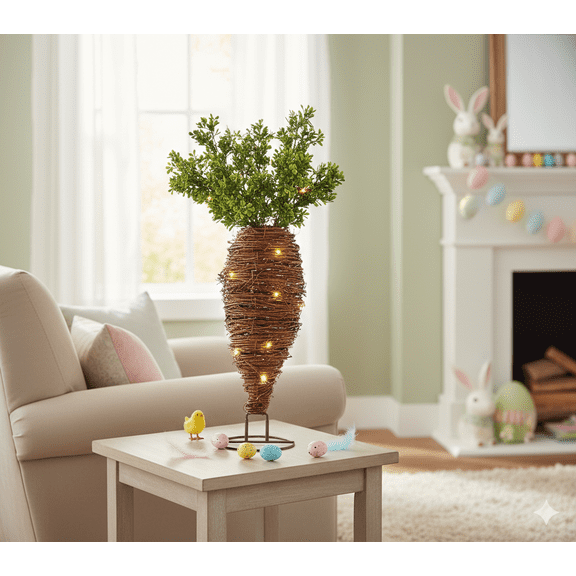 JEWLALO 16-Inch Artisanal Lighted Grapevine Carrot, Natural Hand-Woven Rattan Spring Decor, Boho Farmhouse Accent with Warm LED Fairy Lights & Greenery, Sustainable Holiday Mantel Display