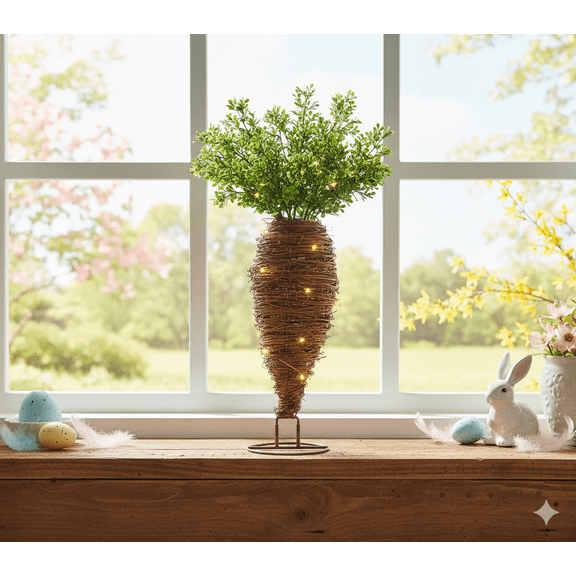 JEWLALO 16" Lighted Rattan Carrot Centerpiece, Rustic Farmhouse Kitchen Easter Decor, Hand-Woven Grapevine Figurine with Metal Stand & Faux Greenery, Whimsical Spring Dining Table Display