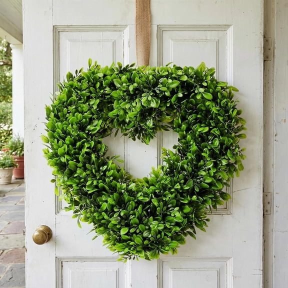 JEWLALO 16" Valentine Boxwood Heart Wreath, Artificial Heart Shaped Boxwood Wreath for Front Door, Valentine's Day Gift, Wall Window Wedding Indoor Outdoor Decors