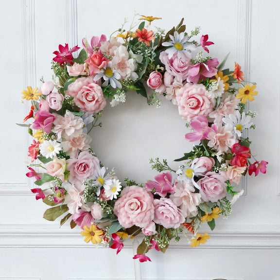 JEWLALO 19" Artificial Spring Wreath for Front Door, Colorful Flowers & Greenery for Porch Entry, Garden Walkways, and Indoor Wall Decoration for Spring Summer