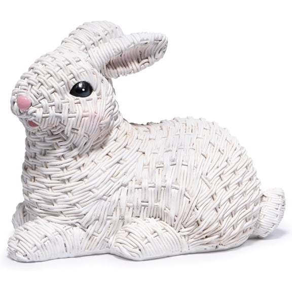 JEWLALO 1PCS Woven Easter Bunny Figurines - 5" Tall White Rabbit Resin Sculptures with Handcrafted Wicker-Style Design for Easter and Spring Home Decor