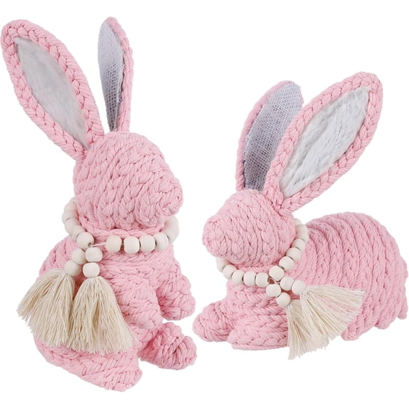 JEWLALO 2 Pack Woven Bunny Easter Decor - Bunny Decorations for Home, Spring Rabbit Figurines for Shelf Table Centerpiece (Pink)
